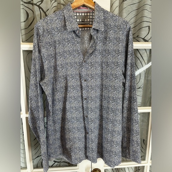 Ted Baker XL EU5 Blue White Printed Button Down Long Sleeve Dress Shirt - Picture 1 of 9
